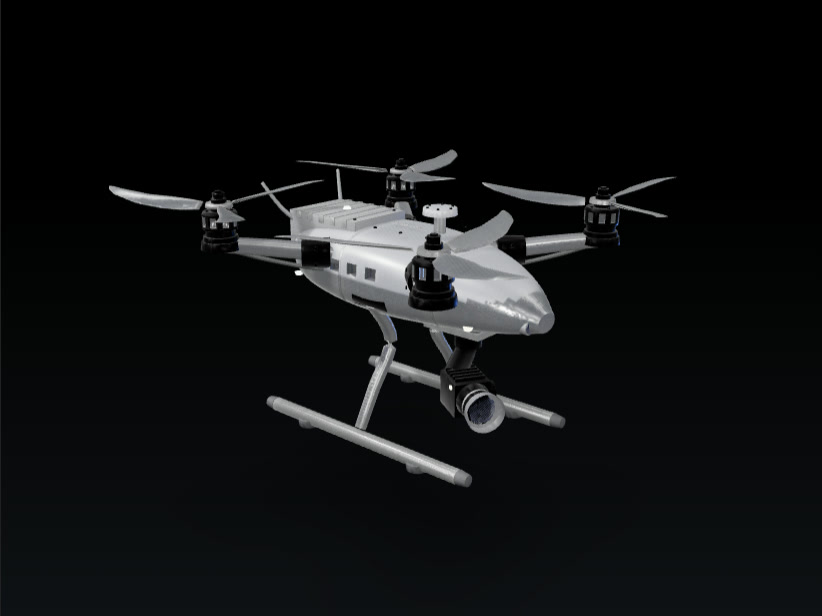 Photorealistic render of the AIA quadrotor: carbon fuselage, four rotors, three-axis gimbal camera and landing gear