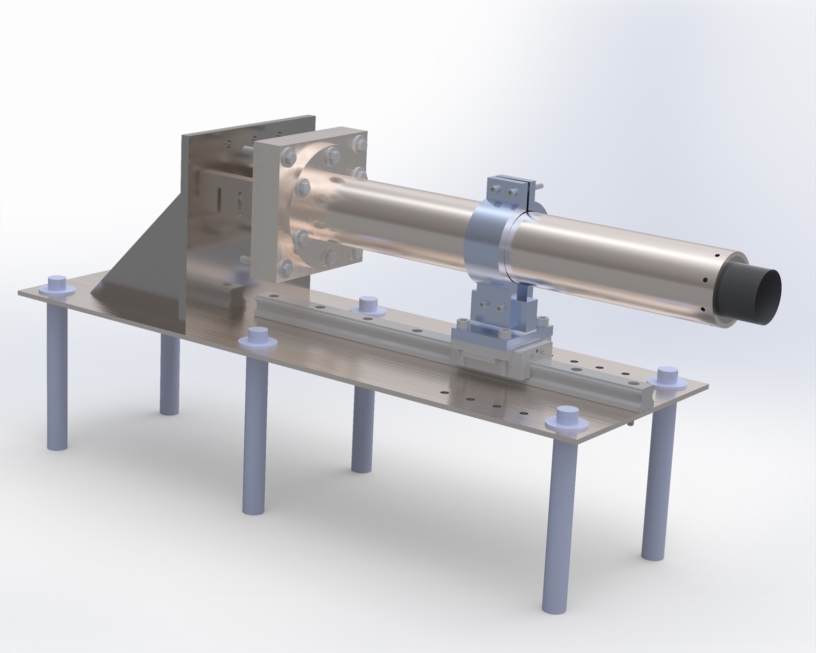 SolidWorks render of the Ostia static-fire test stand: motor tube on a linear rail with thrust plate and mounting structure