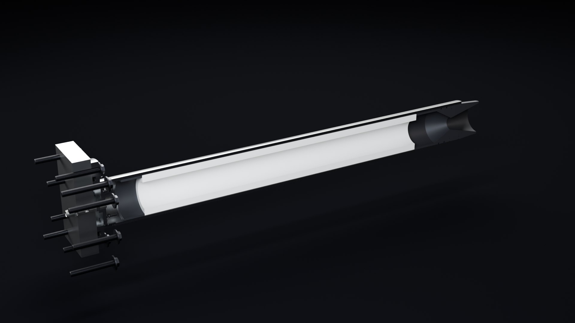 Cutaway render of Remus: the 3D-printed ABS fuel grain sits between the pre- and post-combustion chambers, ahead of the graphite nozzle