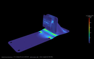 von Mises stress in the Ostia thrust structure at 2,500 lbf, deformation exaggerated 80 times