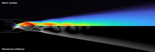 Sea-level exhaust plume: Mach number above the axis, numerical schlieren below, showing the shock-cell train