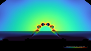 Close-up of stress concentration around the ten orifice exits on the injector face