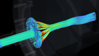 Streamlines through the Remus injector coloured by speed: central feed bore, swirling plenum, ten converging jets meeting on the axis